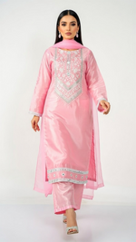 3-Piece Silk Suit with Embroidered Neckline