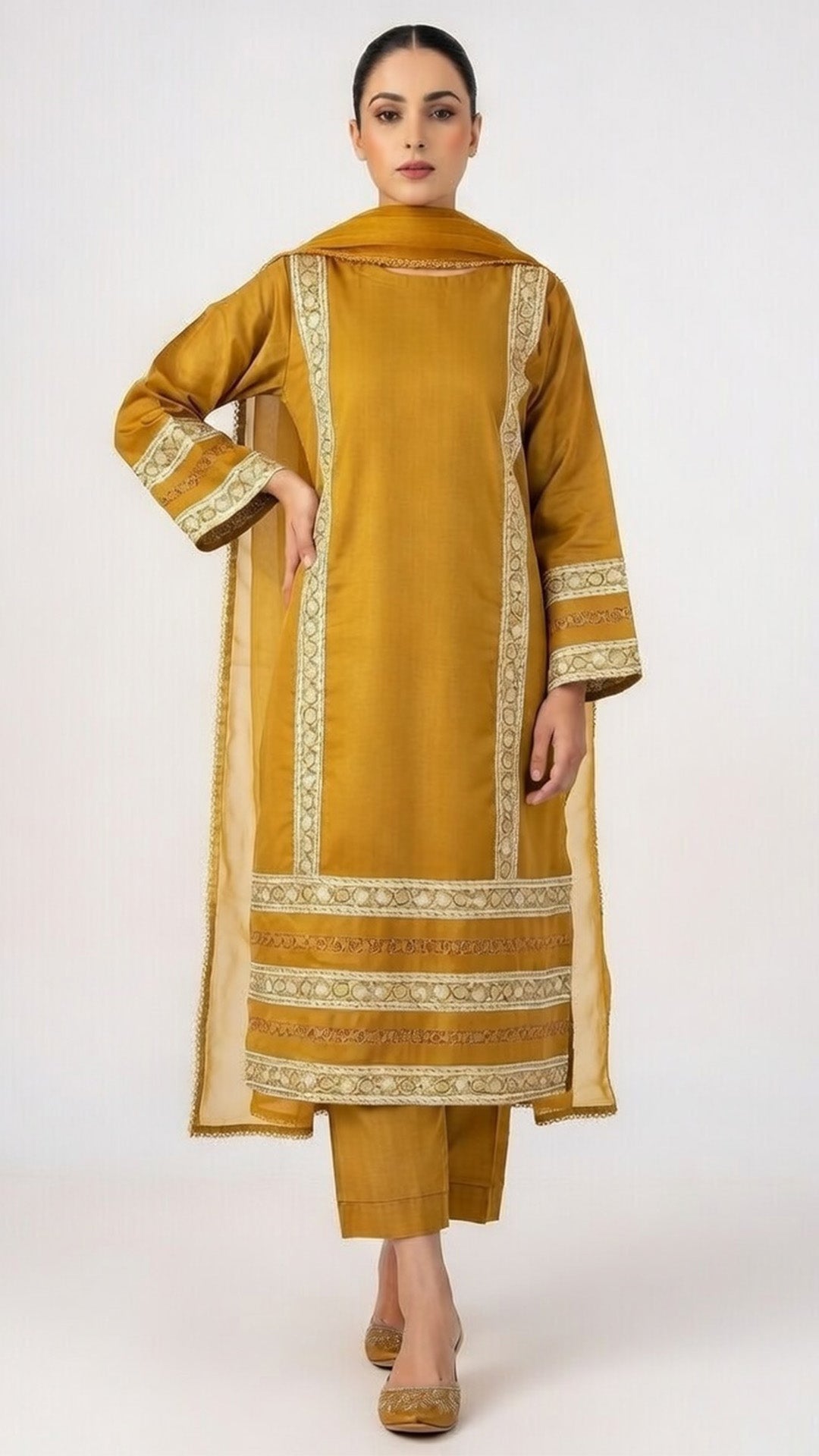 3-Piece Mustered Cotton Suit with Embroidered Panels