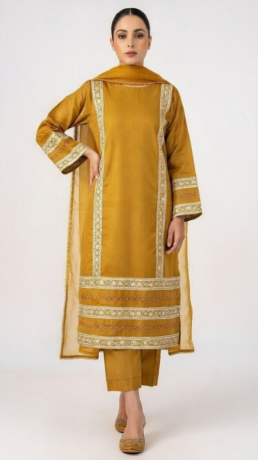 3-Piece Mustered Cotton Suit with Embroidered Panels