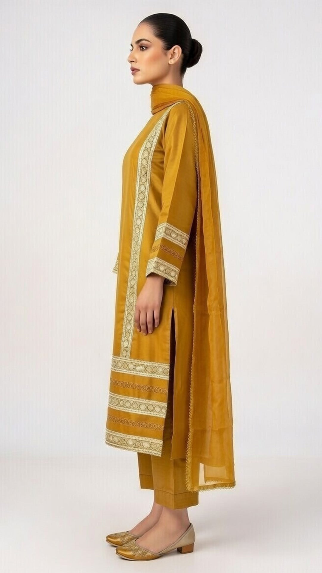 3-Piece Mustered Cotton Suit with Embroidered Panels
