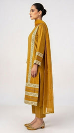 3-Piece Mustered Cotton Suit with Embroidered Panels