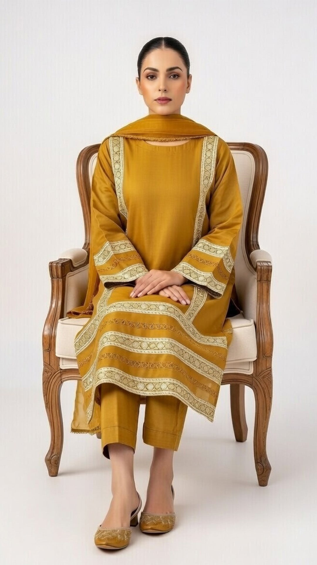 3-Piece Mustered Cotton Suit with Embroidered Panels