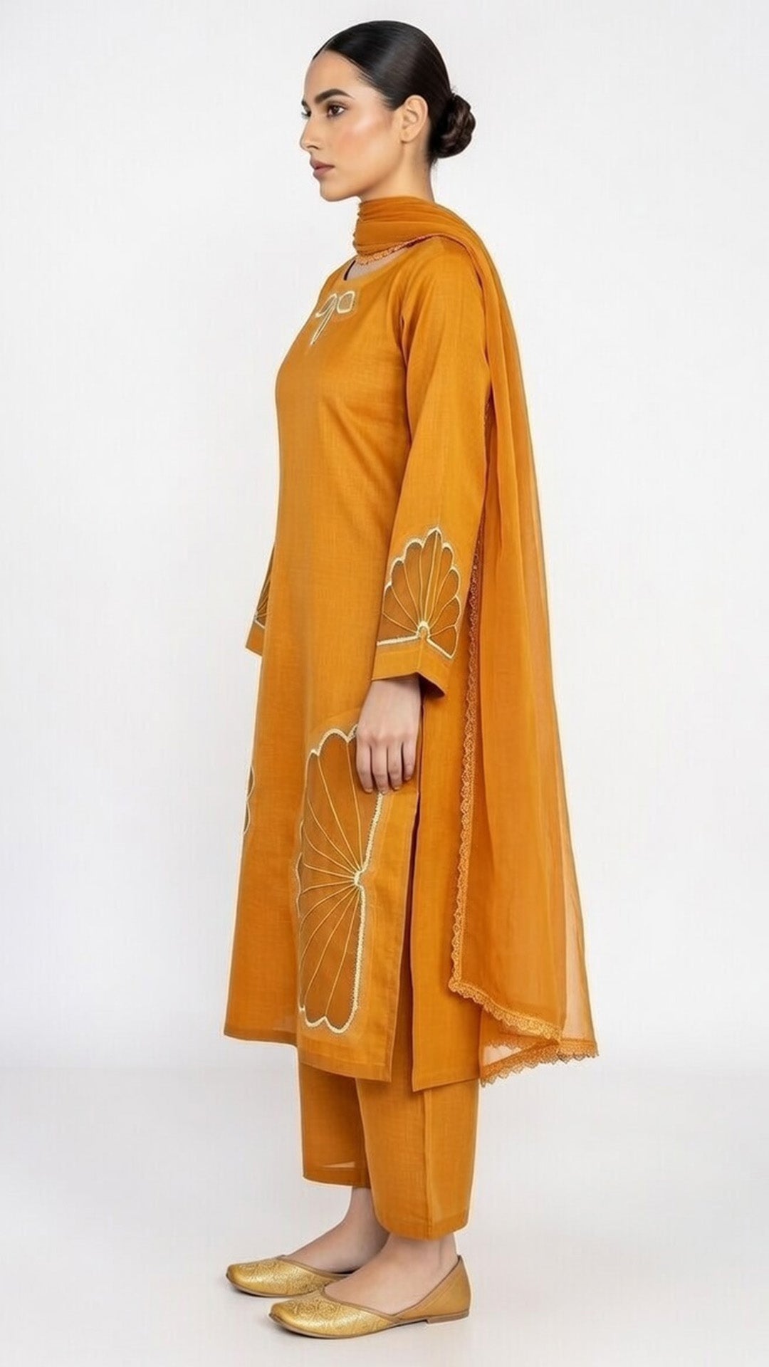 3-Piece Cotton Suit with Handmade Floral Cutwork