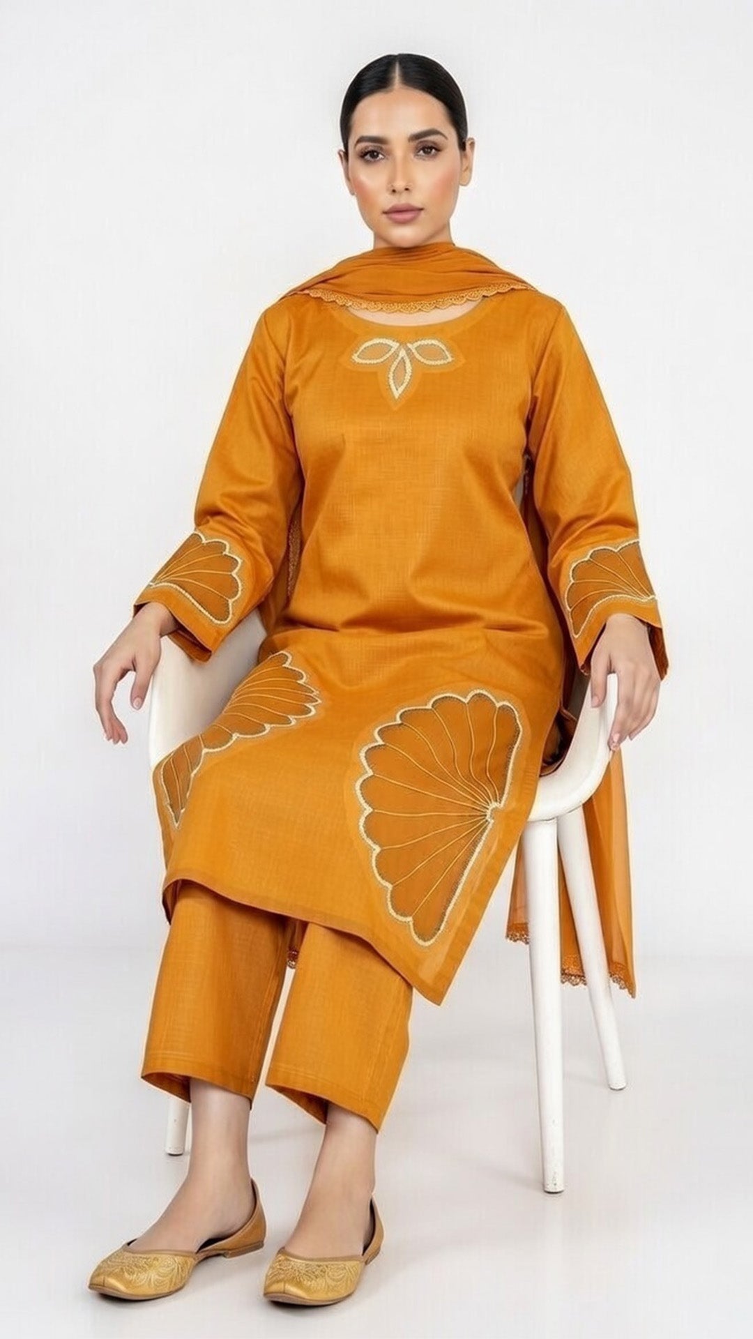 3-Piece Cotton Suit with Handmade Floral Cutwork