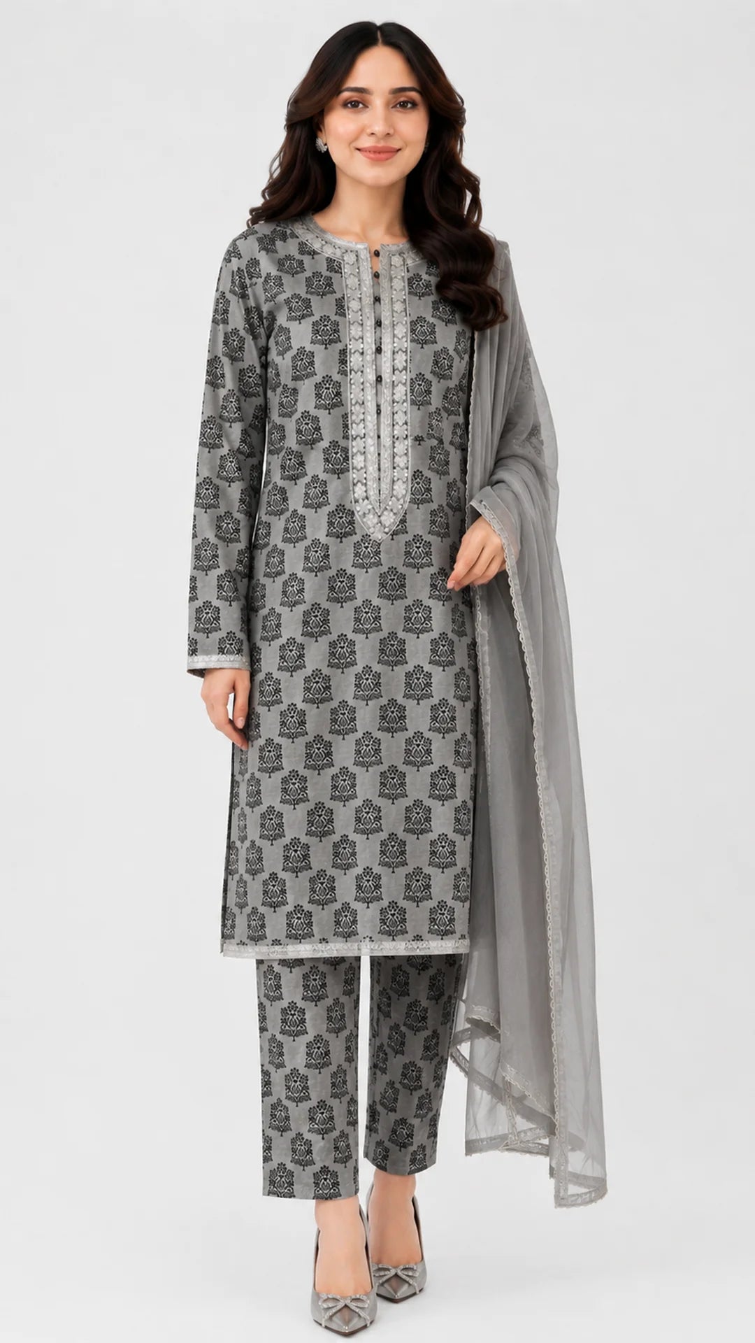 Elegant Grey Printed 3 Piece Lawn Suit