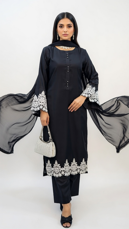 3-Piece Black Cotton Suit with Embroidered Detailing