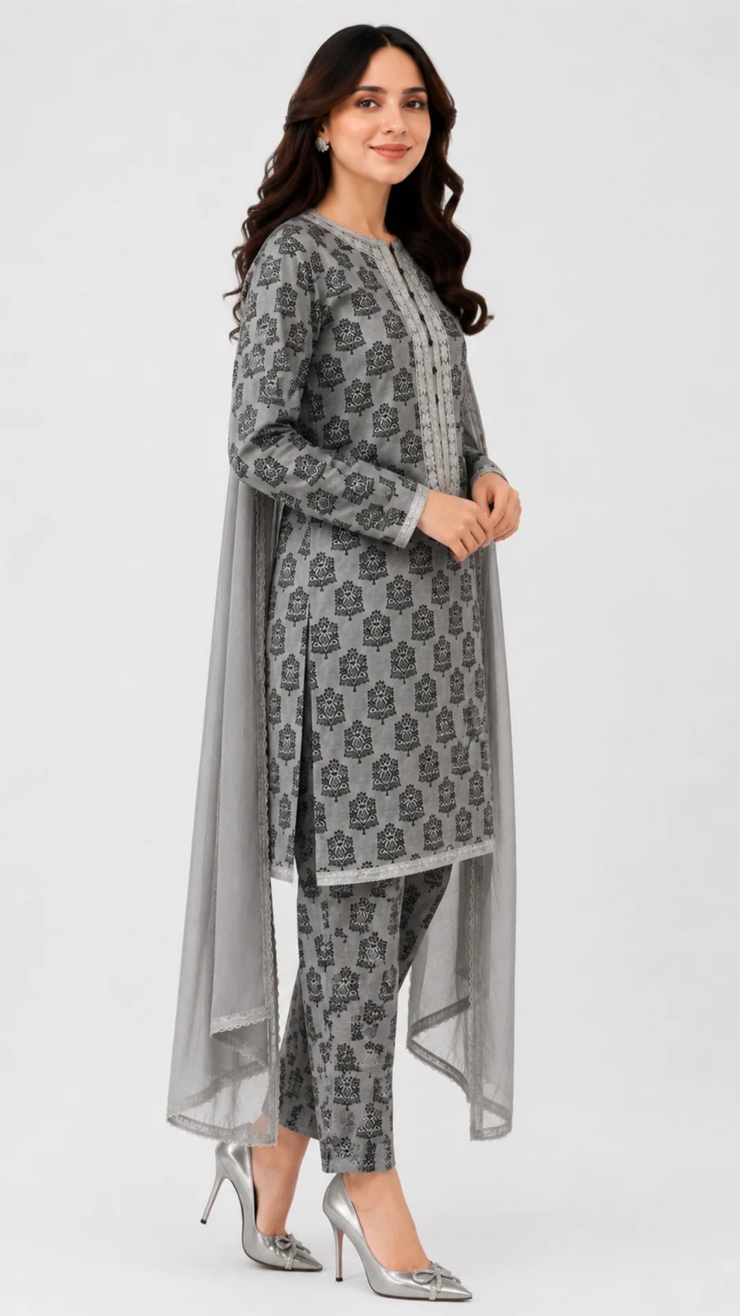 Elegant Grey Printed 3 Piece Lawn Suit