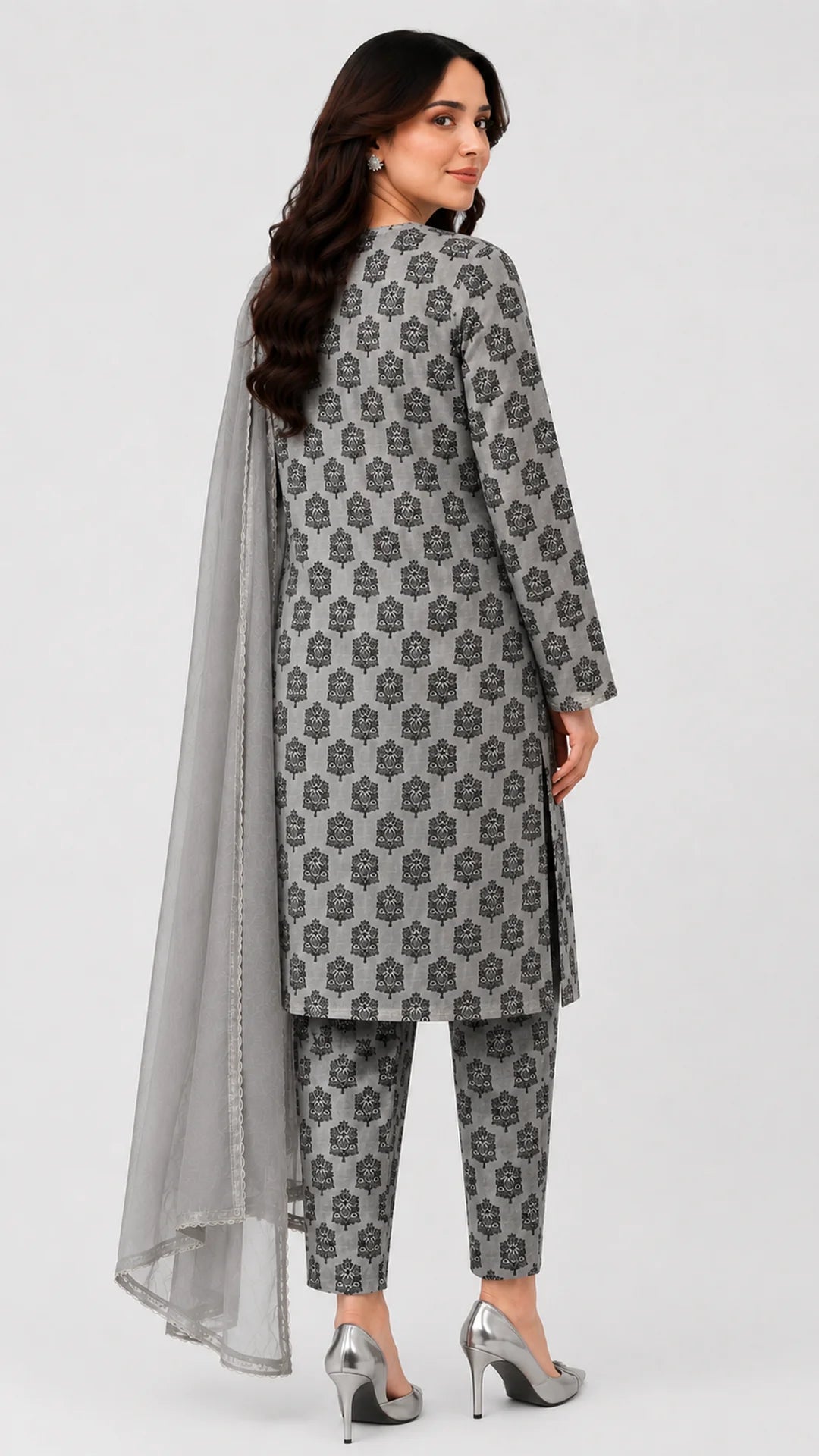 Elegant Grey Printed 3 Piece Lawn Suit