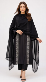 3-Piece Black Cotton Suit with Embroidered Panels