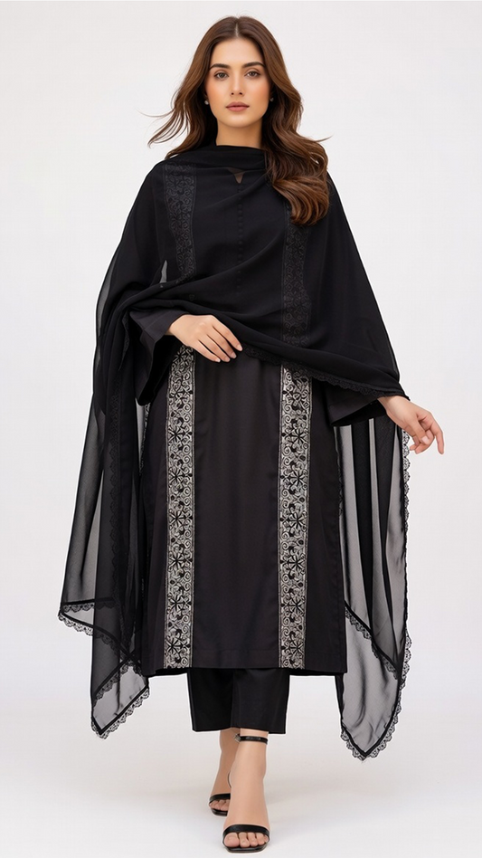 3-Piece Black Cotton Suit with Embroidered Panels