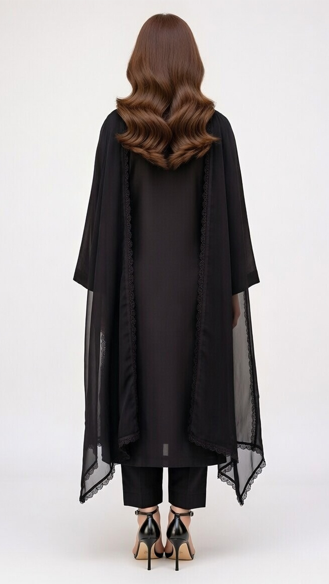 3-Piece Black Cotton Suit with Embroidered Panels