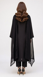 3-Piece Black Cotton Suit with Embroidered Panels