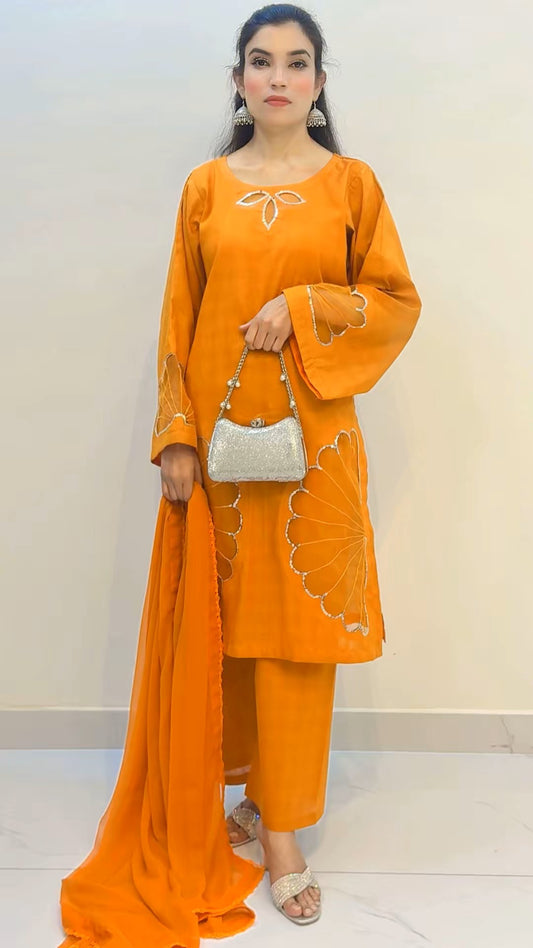3-Piece Cotton Suit with Handmade Floral Cutwork