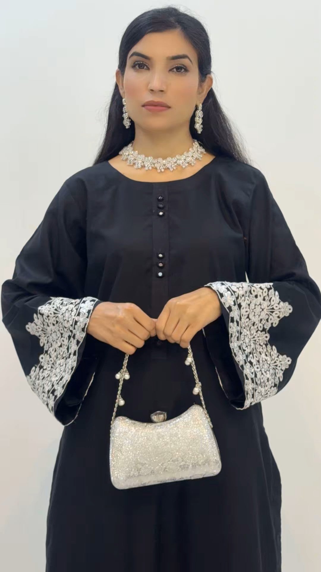 3-Piece Black Cotton Suit with Embroidered Detailing