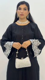 3-Piece Black Cotton Suit with Embroidered Detailing