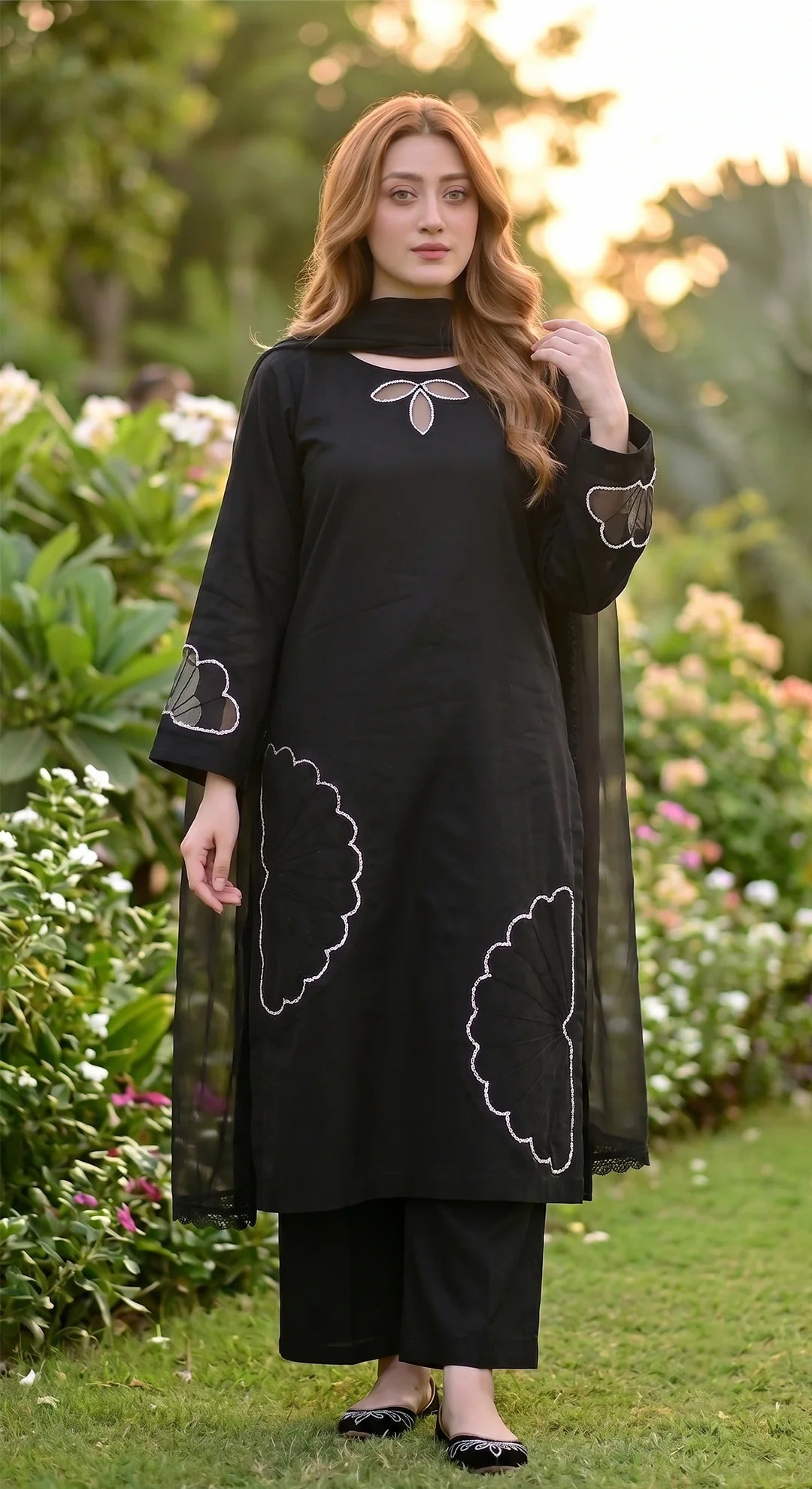 3-Piece Khaddar Suit with Handmade Floral Cutwork-Black