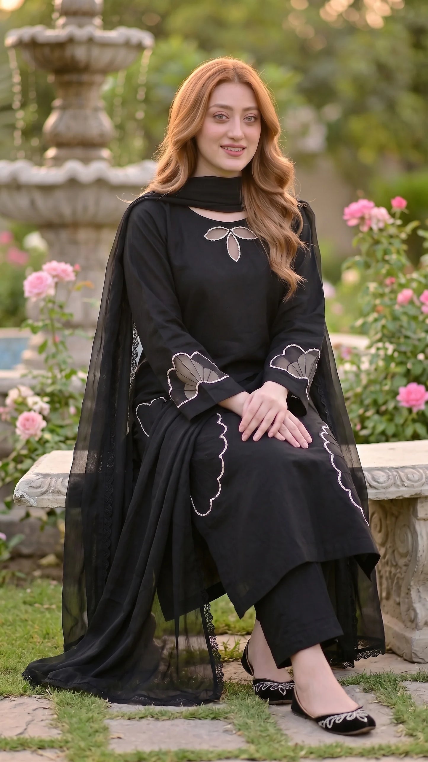 3-Piece Khaddar Suit with Handmade Floral Cutwork-Black