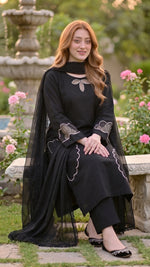 3-Piece Khaddar Suit with Handmade Floral Cutwork-Black