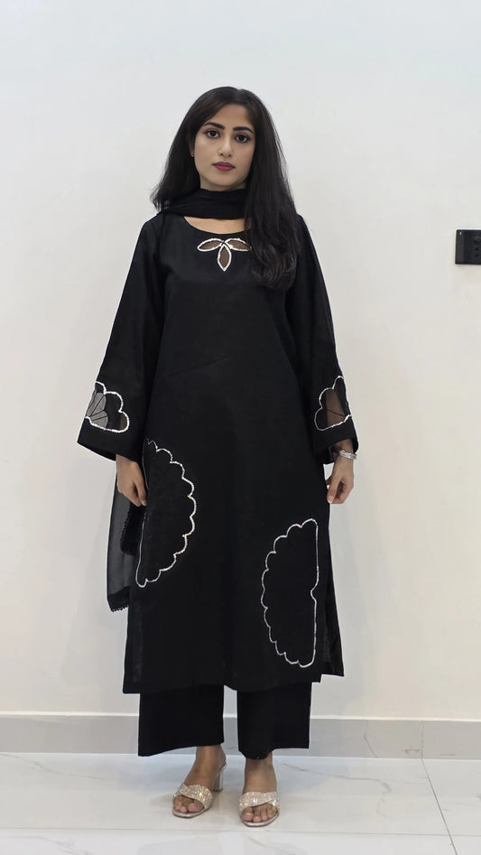 3-Piece Khaddar Suit with Handmade Floral Cutwork