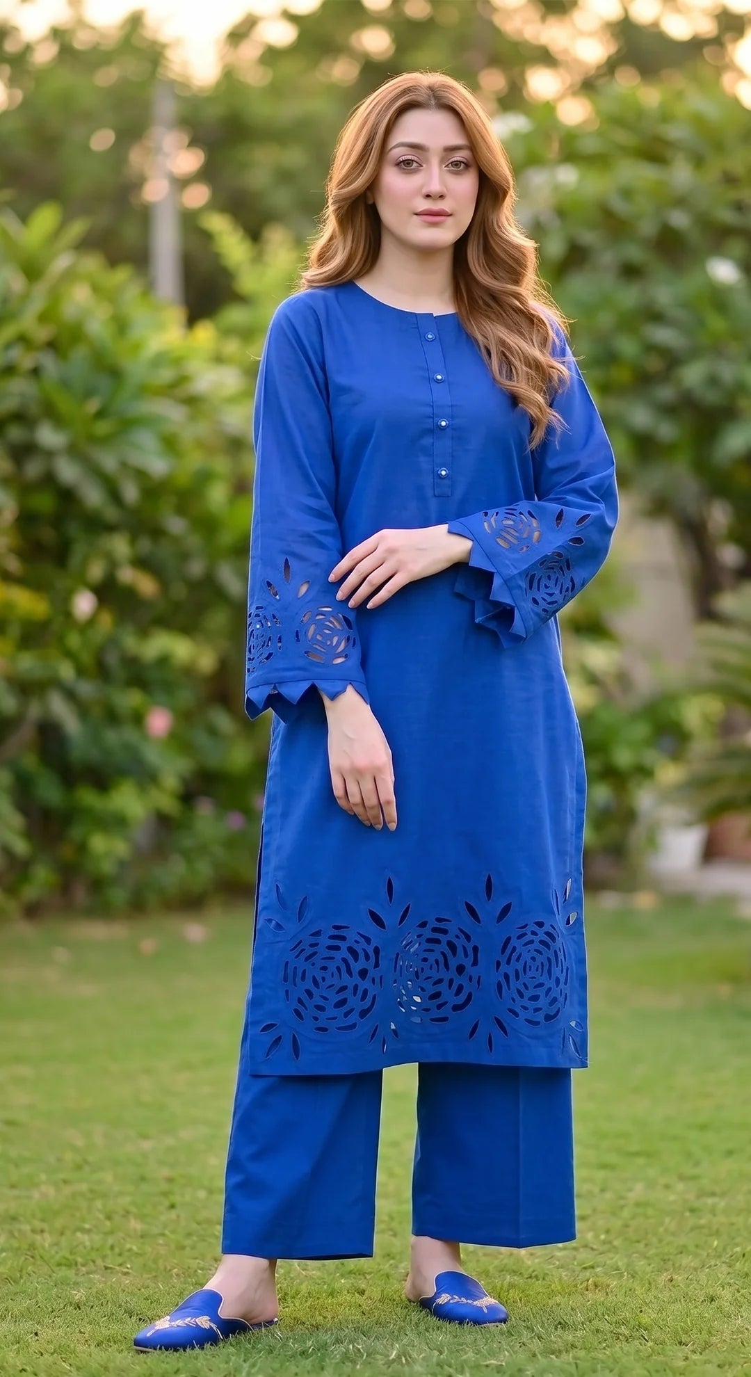 2-Piece Khaddar Suit with Button Neckline & Handmade Cutwork Daman-Royal-Blue