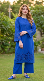 2-Piece Khaddar Suit with Button Neckline & Handmade Cutwork Daman-Royal-Blue