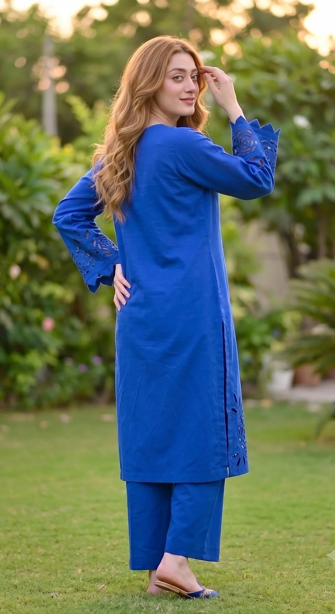 2-Piece Khaddar Suit with Button Neckline & Handmade Cutwork Daman-Royal-Blue