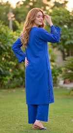 2-Piece Khaddar Suit with Button Neckline & Handmade Cutwork Daman-Royal-Blue