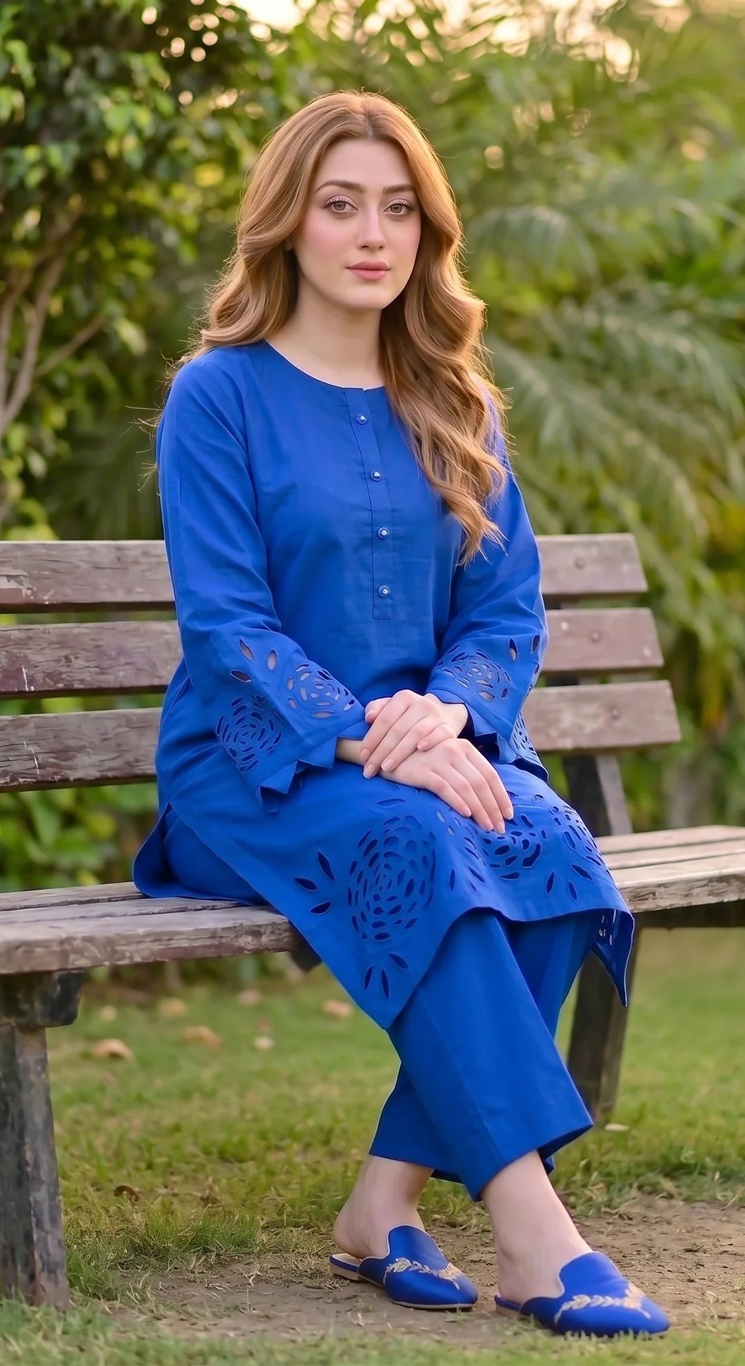 2-Piece Khaddar Suit with Button Neckline & Handmade Cutwork Daman-Royal-Blue