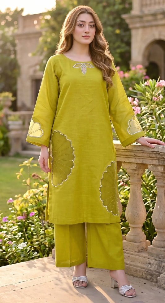 2-Piece Khaddar Suit with Handmade Floral Cutwork-Due
