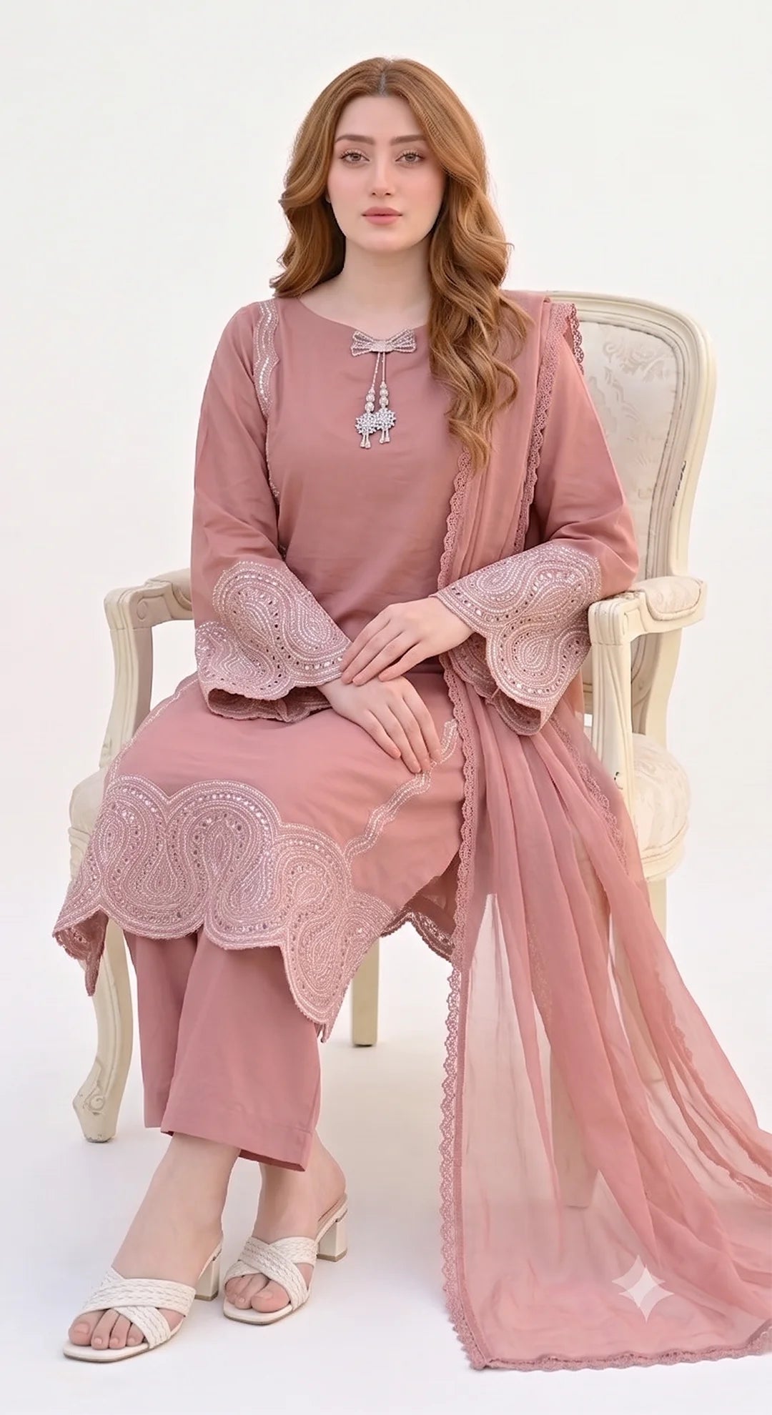 3-Piece Dusty Rose Embroidered Festive Suit