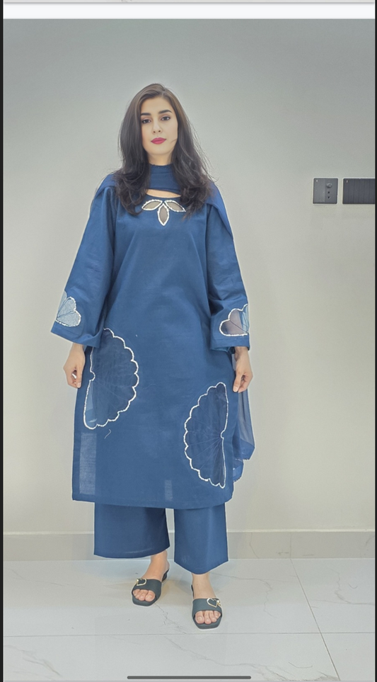 3-Piece Khaddar Suit with Handmade Floral Cutwork