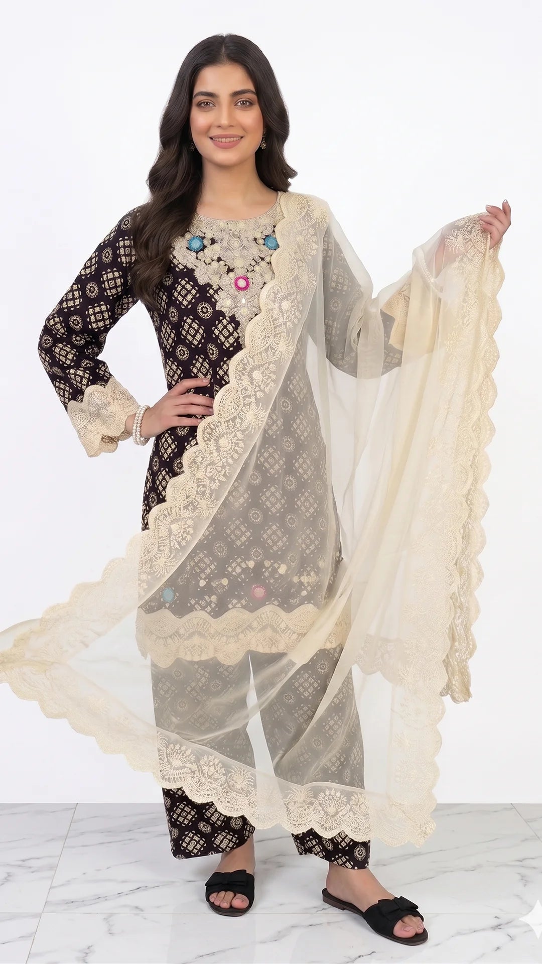 Elegant Farshi Shalwar Kameez Set with Fully Embroidered Chiffon Dupatta