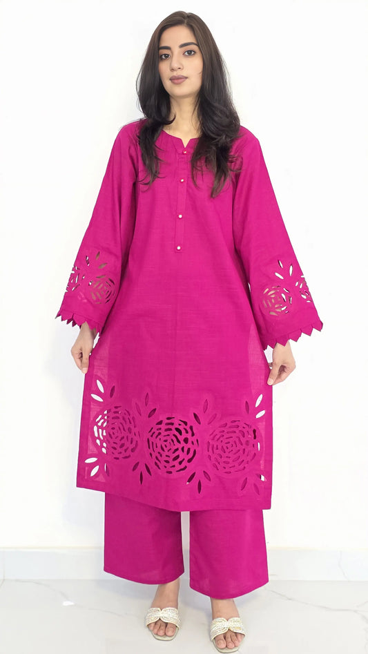 2-Piece Khaddar Suit with Button Neckline & Handmade Cutwork Daman