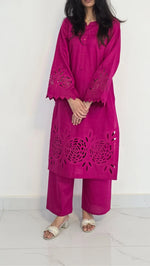 2-Piece Khaddar Suit with Button Neckline & Handmade Cutwork Daman