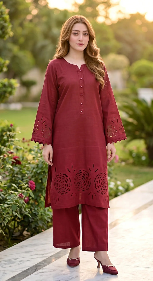 2-Piece Khaddar Suit with Button Neckline & Handmade Cutwork Daman-Mehroon