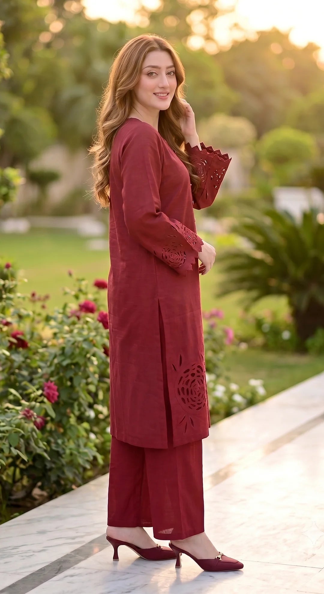 2-Piece Khaddar Suit with Button Neckline & Handmade Cutwork Daman-Mehroon