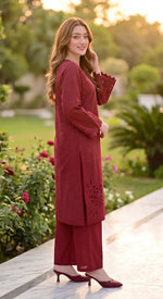 2-Piece Khaddar Suit with Button Neckline & Handmade Cutwork Daman-Mehroon