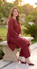 2-Piece Khaddar Suit with Button Neckline & Handmade Cutwork Daman-Mehroon