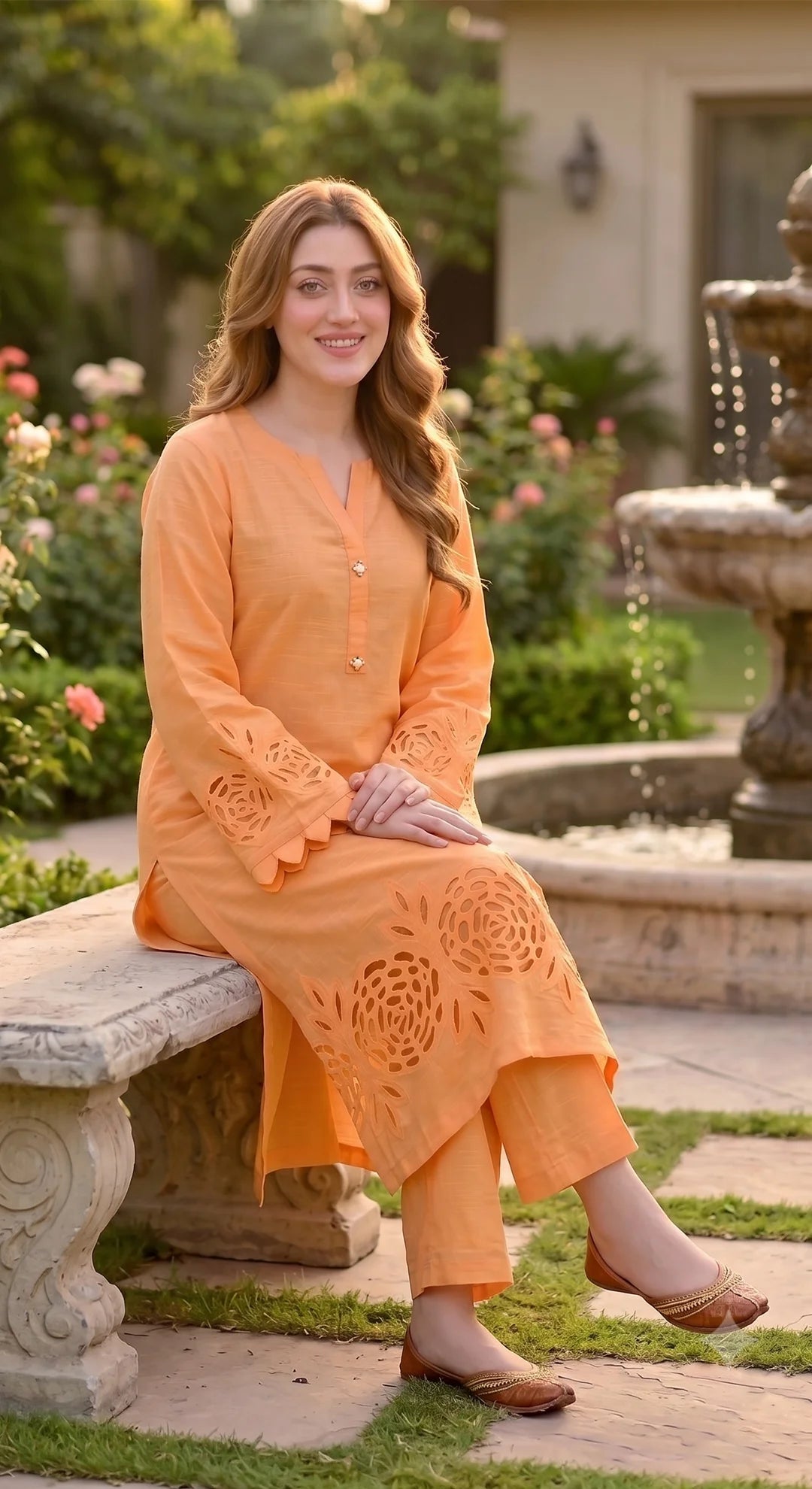 2-Piece Khaddar Suit with Button Neckline & Handmade Cutwork Daman-Peach