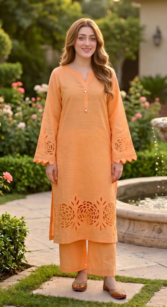 2-Piece Khaddar Suit with Button Neckline & Handmade Cutwork Daman-Peach