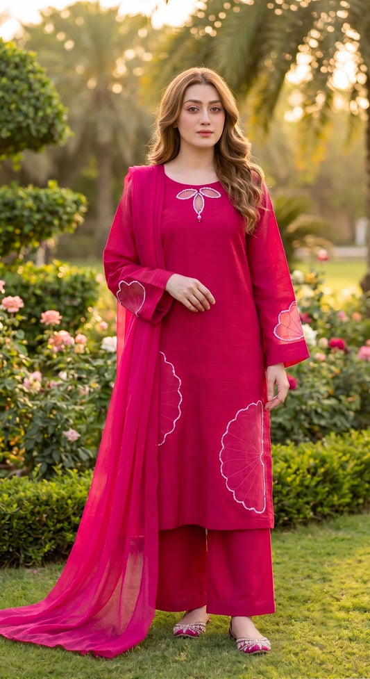 3-Piece Khaddar Suit with Handmade Floral Cutwork-Pink