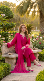 3-Piece Khaddar Suit with Handmade Floral Cutwork-Pink