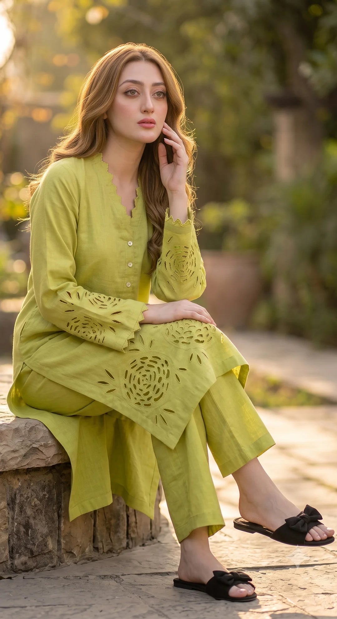 2-Piece Khaddar Suit with Button Neckline & Handmade Cutwork Daman-Pista