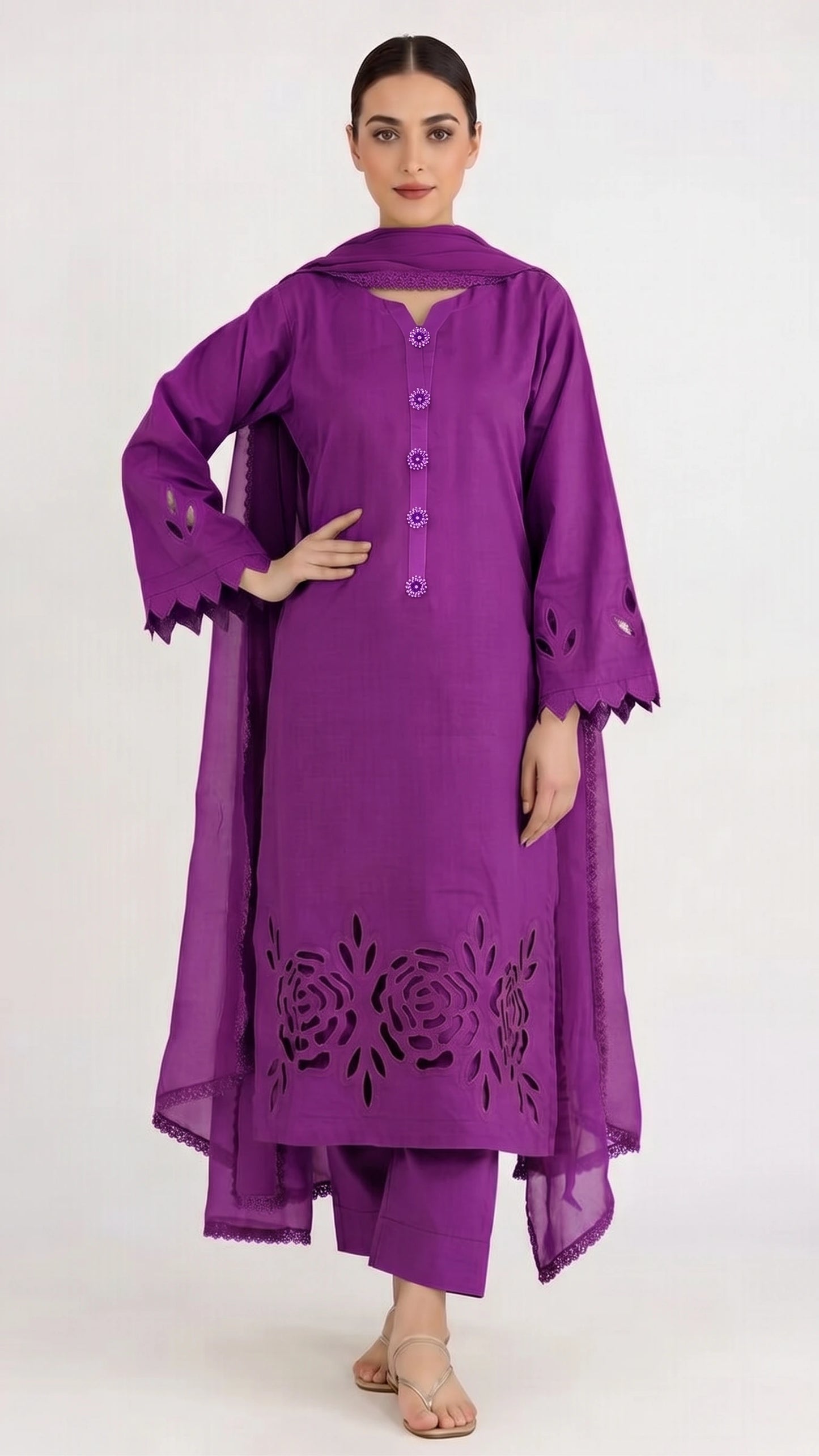 3-Piece Handmade Cutwork Design suit-Deep Magenta