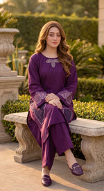 2-Piece Khaddar Suit with Handmade Floral Cutwork-Purple
