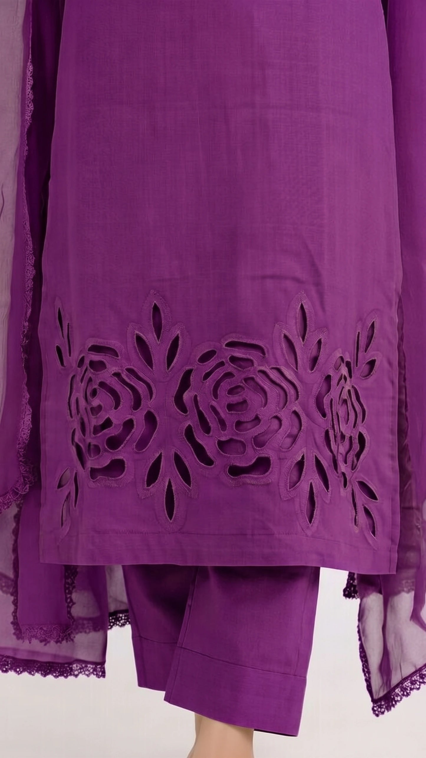 3-Piece Handmade Cutwork Design suit-Deep Magenta