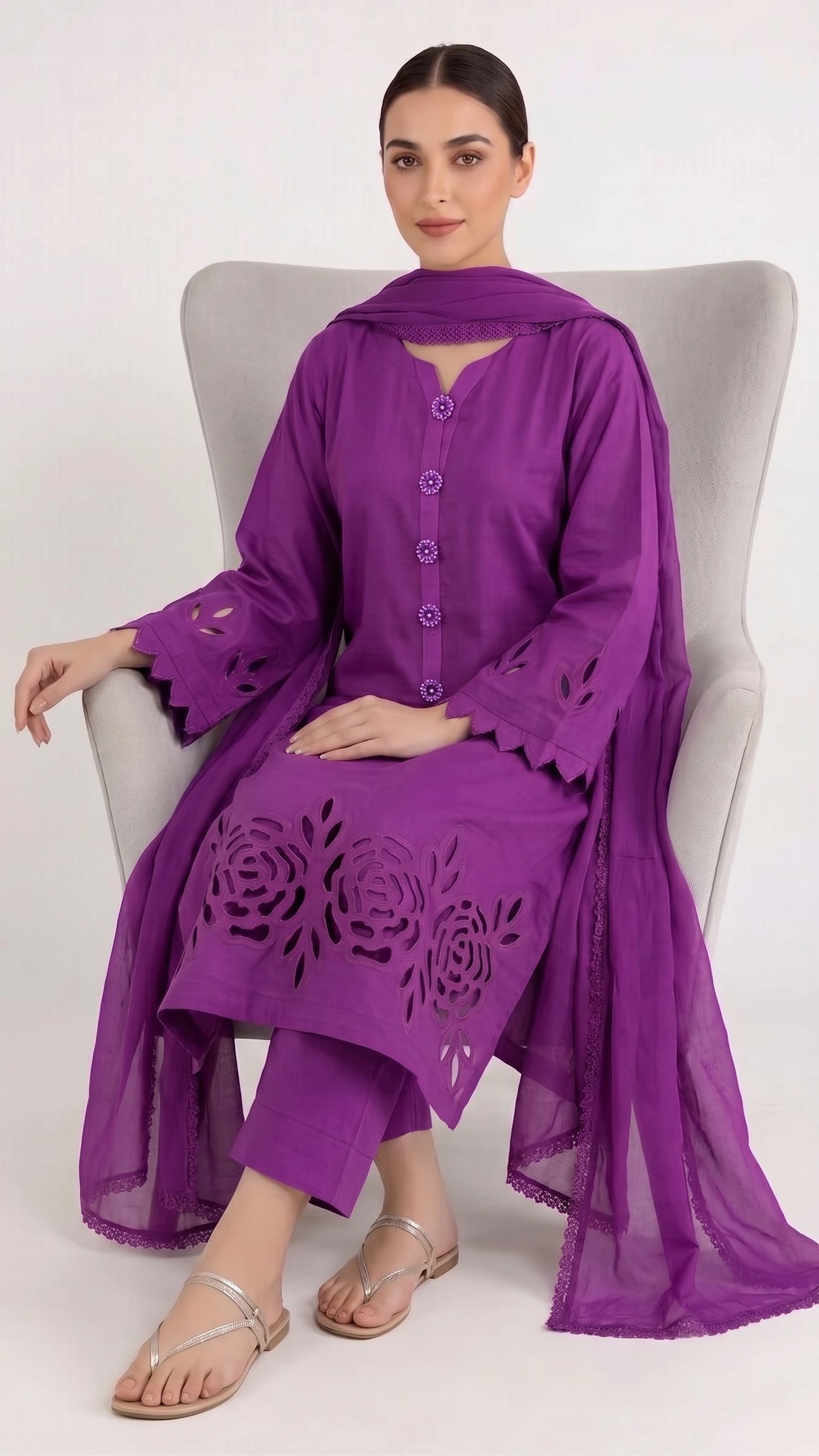 3-Piece Handmade Cutwork Design suit-Deep Magenta