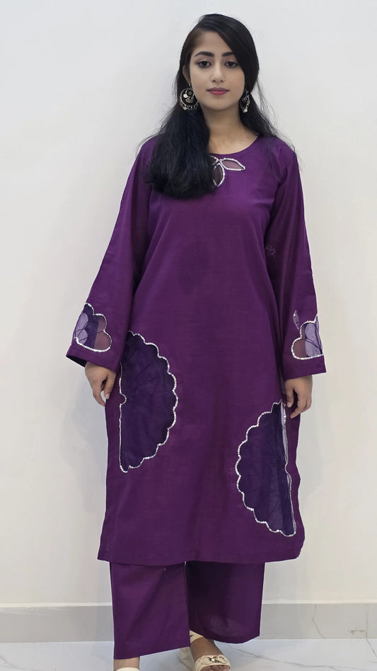 2-Piece Khaddar Suit with Handmade Floral Cutwork