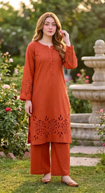 2-Piece Khaddar Suit with Button Neckline & Handmade Cutwork Daman-Rust