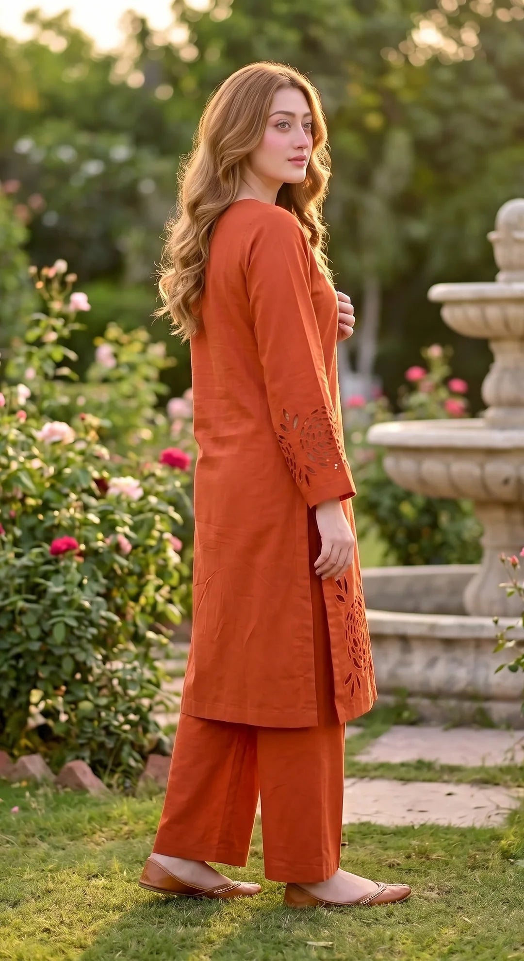 2-Piece Khaddar Suit with Button Neckline & Handmade Cutwork Daman-Rust
